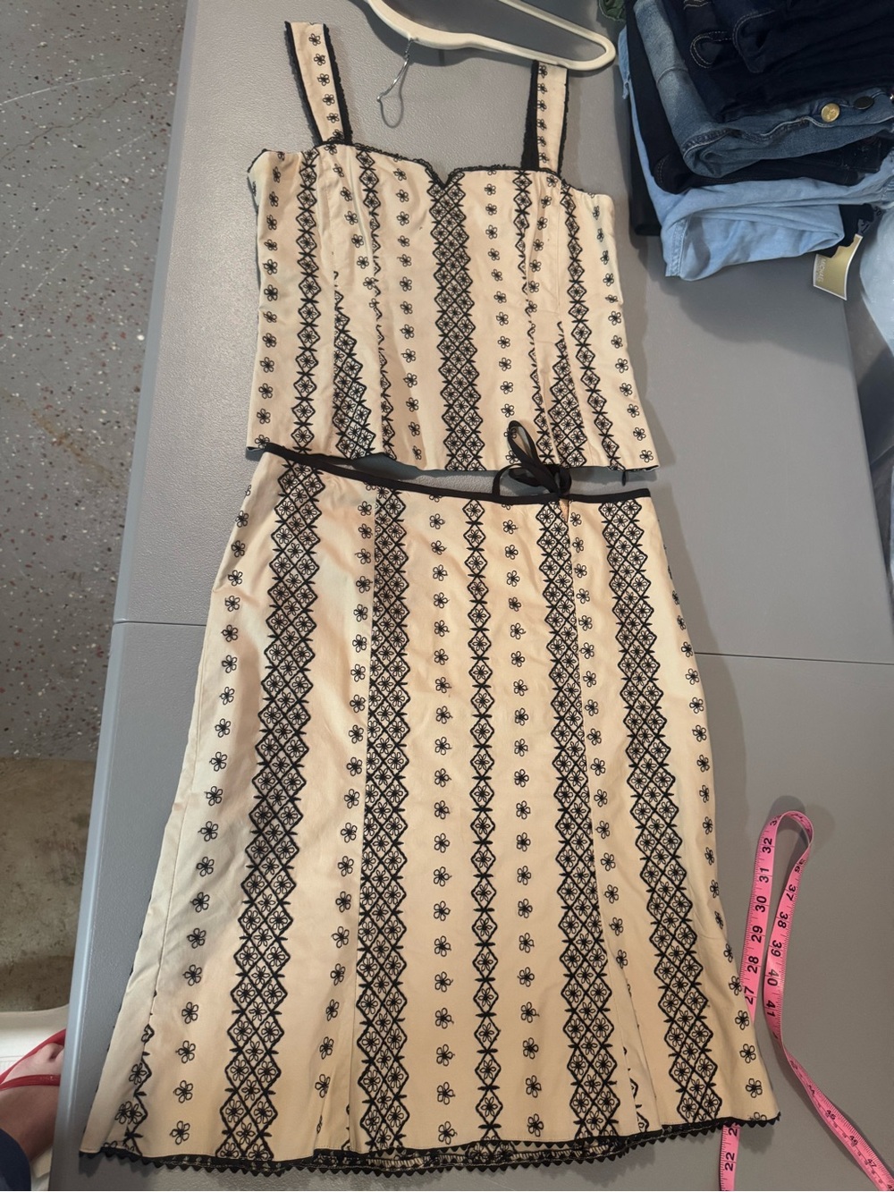 Nanette Lepore Cream Matching Top and Skirt with Black Embroidery